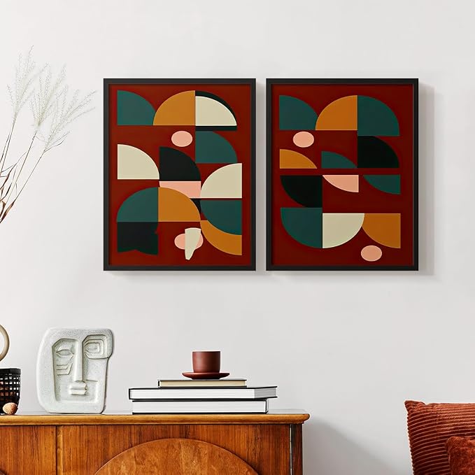 Renditions Gallery Set of 2 Peel & Stick Framed Prints, Mid Century Abstract Wall Art, Modern Geometric Shapes Wall Decor, Re-Stickable - Ready to Hang - 22"x28" - Black Frame LT588