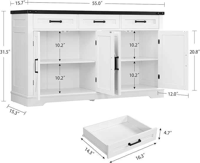 usikey 55”W Buffet Cabinet with 3 Large Drawers & 2 Adjustable Shelves, Modern Farmhouse Sideboard Buffet Cabinet with Storage, Credenza, Coffee Bar, White