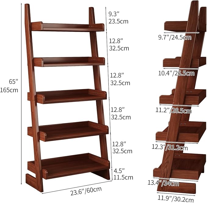 5 Tier Ladder Shelf, Leaning Bookshelf with Wood Frame, 5 Shelf Tall Bookcase Standing Storage Organizer Solid Wood Storage Shelves for Living Room, Bedroom, Home Office (Walnut)