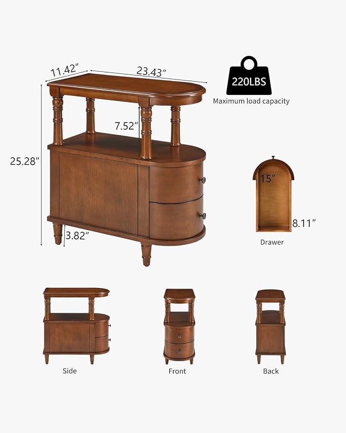 Biaco Solid Wood End Table with 2 Drawers - Caramel Brown Retro Narrow Side Table with Storage Shelf, No Assembly Required Slim Nightstand for Small Spaces/Apartment (23.4"Lx11.4"Wx25.3"H), BG-A508-MG