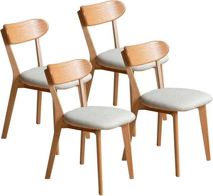 100% Solid Wood Dining Room Chairs - Practical Kitchen Chairs - Wood Chair for Dining Room, Kitchen (4, Natural with White Cushion)