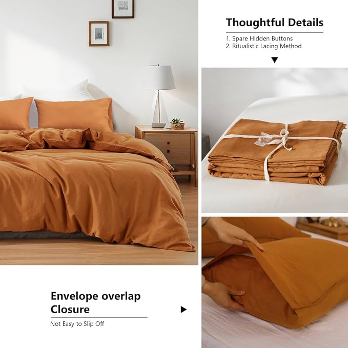 FALUCA French Linen Blend Duvet Cover Set 3Pcs King (104"x92") - Soft, Breathable, Cooling Farmhouse Bedding for Hot Sleeper (King, Burnt Orange/Rust)