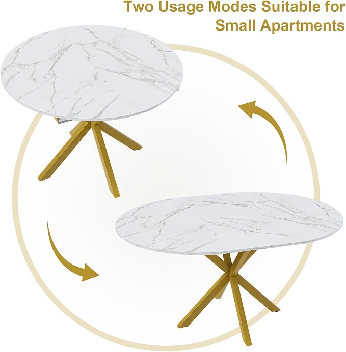43"-59" Extendable Round Dining Table for 4-6,Modern White and Gold Dining Room Table,Expandable Kitchen Table for Small Spaces