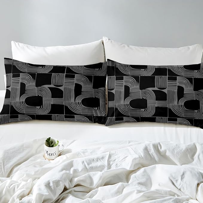 Erosebridal Black And Gray Full Bedding Set For Boys Bohemian Geometric Comforter Cover For Kids Teens Youth Adult Mid Century Abstract Duvet Cover Boho Stripes Minimalist Bed Sets With 2 Pillow Cases