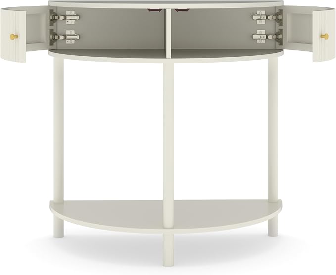 31.5'' Wood Small Console Table Retro Curved Sofa Table with 2-Door Storage Space for Living Room Entryway, Circular Half Moon Design, Cream White