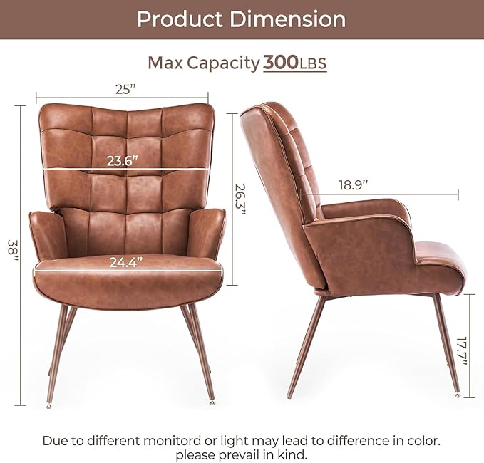 Kosydown PU Leather Accent Chair, High Back Wingback Chair, Comfortable Single Seating, Elegant Tufted Accent Chair for Living Room, Bedroom, Office, Reading Room, Brown