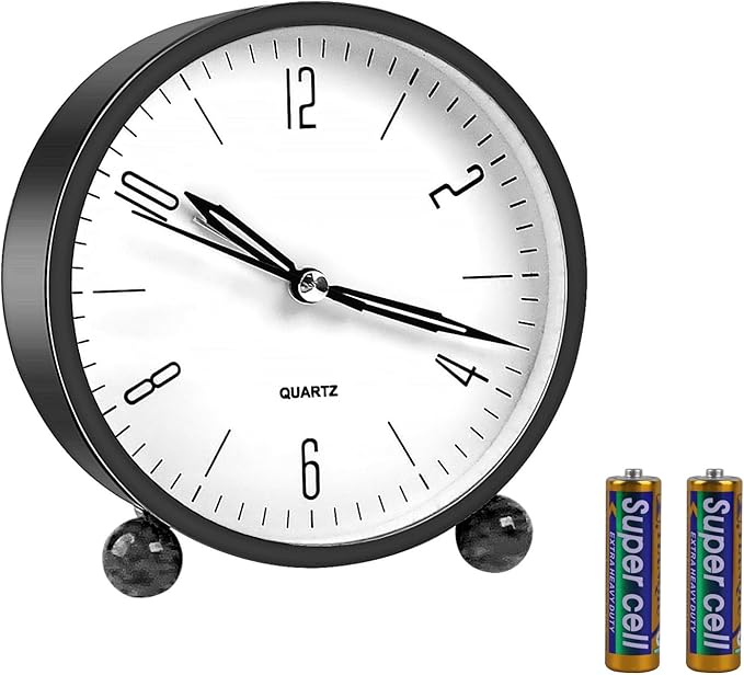 pxy Cute and Safe Alarm Clock for Kids Battery Powered (Battery Include), 4" Analog Super Silent Analog Alarm Clock with Night Light510 Black&White