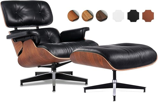 Top Black Grain Leather, Mid Century Chaise Lounge Chair and Ottoman, Leather Accent Chair, Modern Reading Chair, Classic Design, Heavy Duty Base Support for Living Room Lounge Office, Palisander