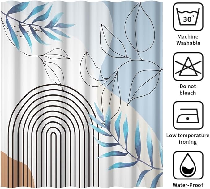 Bohemian Shower Curtain Set Blue Watercolor Eucalyptus Leaves Arch Abstract Stripes Bathtub Curtains Modern Minimalist Neutral Bathroom Decor Washable Waterproof Polyester Fabric with Hooks 72x78 Inch