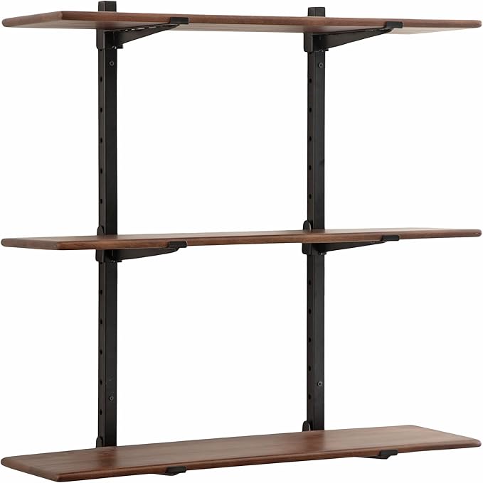 Kate and Laurel Atwood Three-Tiered Adjustable Mango Wood Wall Shelf, 32 x 10 x 30, Walnut Brown and Black, Modular Shelving Unit and Wall Organizer for Entryway Storage or Living Room Display Shelves