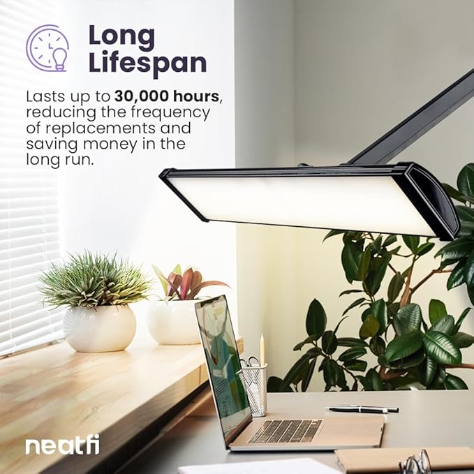 Neatfi LED Desk Lamp, 3,500 Lumens, 3 Light Modes, Dimmable, 45W, 26” Wide Shade, 540 SMD LEDs, Eye-Caring Task Lamp for Reading, Crafting, Workbench, Office (CCT with Base, Black)