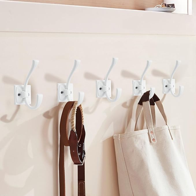 Large Wall Hooks 2 Pack White Coat Hooks Hardware Towel Hooks for Hanging Coats 4.35 Inch Double Robe Hooks Wall Mounted with Screws for Key, Towel, Bags, Cup, Hat