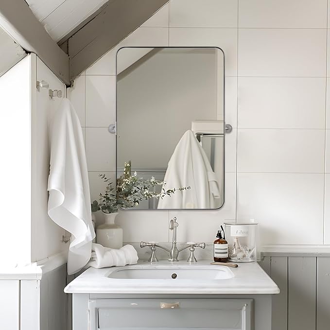 MOON MIRROR Chrome Pivot Rectangle Bathroom Mirror, Modern Tilt Rounded Rectangular Pivoting Vanity Mirrors for Wall, Stainless Steel Metal Polish Frame, Overall 24.33 x 30 in (Mirror 20 x 30 in)