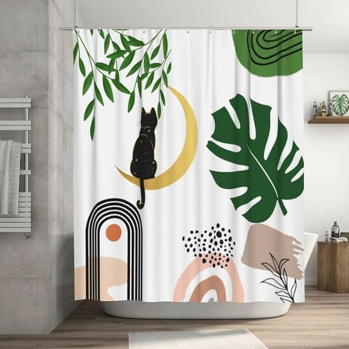 Boho Shower Curtains Funny Black Cat Abstract Green Leaf Arch Sun Moon Modern Minimalist Pattern Duty Fabric Shower Curtain Set Bathroom Polyester Waterproof with 12 Hooks, 55x72Inch（140x183cm）