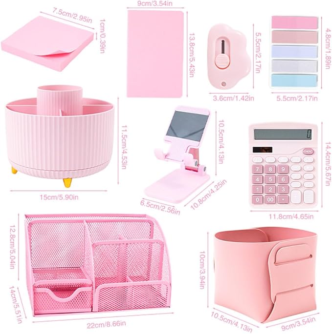 Pink Desk Organizers and Accessories with Desk Organizer 360° Rotating Pen Holder and Office Supplies, 19Pcs Cute Stationery Supplies Set