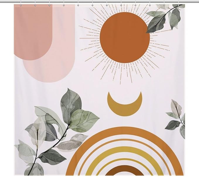 Boho Mid Century Shower Curtain,Green Nature Leaf Sun Modern Minimalist Bathroom Curtain Polyester Waterproof Fabric Decor 72x72in（183x183cm）