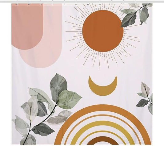 Boho Mid Century Shower Curtain,Green Nature Leaf Sun Modern Minimalist Bathroom Curtain Polyester Waterproof Fabric Decor 72x72in（183x183cm）