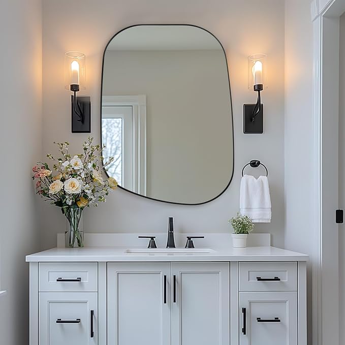 ANDY STAR 22"x30" Black Bathroom Mirror, Irregular Wall Mirror in Stainless Steel Metal Frame, Modern Matte Black Finish with Curved Edge Design, Wall-Mount Vertically or Horizontally