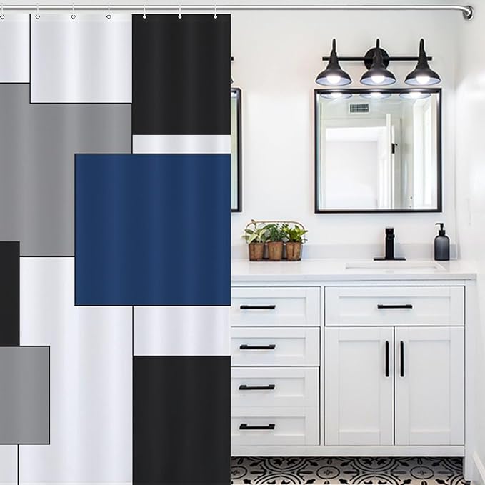 Retro Geometric Shower Curtain,Blue Black Modern Geometry Minimalist Neutral Design Bathroom Curtain Polyester Waterproof Fabric Decor 66x72in（168x183cm）