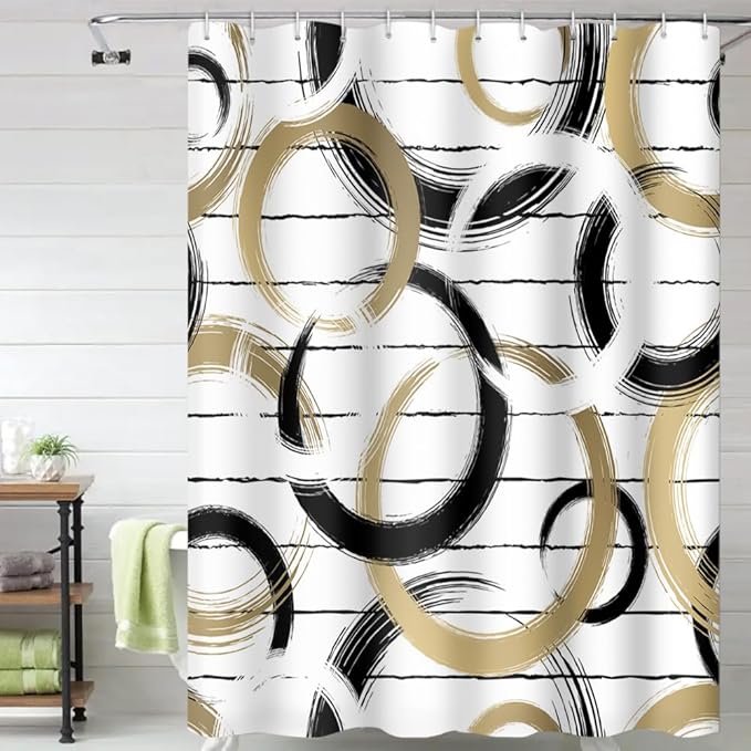 Modern Abstract Style Shower Curtain Black White Round Pattern Geometric Lines Shower Curtains for Art Aesthetic Bathroom Waterproof Fabric Decor Set with Hooks, 48W x 72H Inch