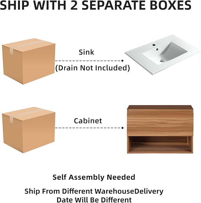 24 Inch Floating Bathroom Vanity with Sink, Modern Wall Mounted Bath Cabinet with Ceramic Top, Soft-Close Drawer & Open Shelf (Red Walnut/White Sink)