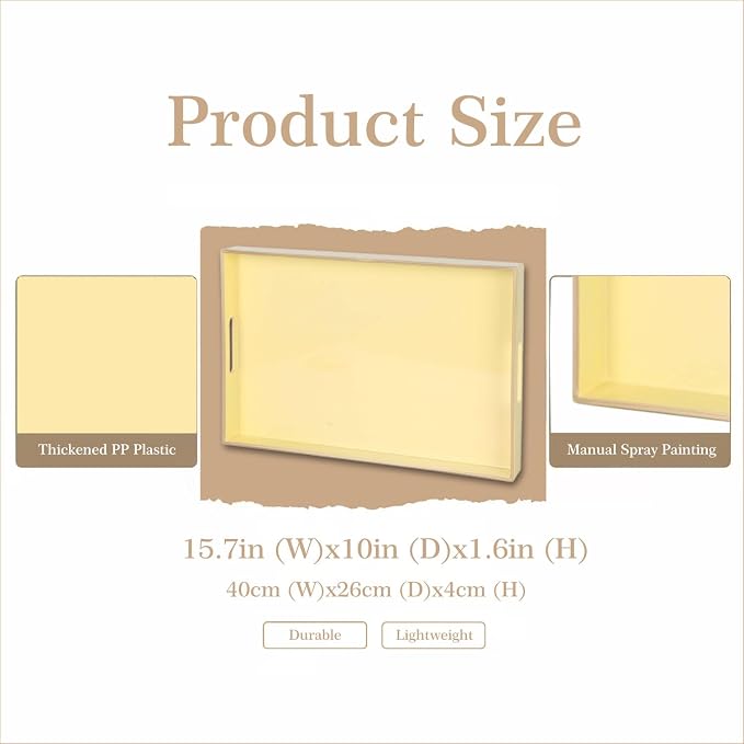 Decorative Tray, Rectangular Plastic Tray with Handles, Modern Vanity Tray and Serving Tray for Bathroom, Kitchen, Ottoman and Coffee Table, 15.6" x 10.2"(Light Yellow)