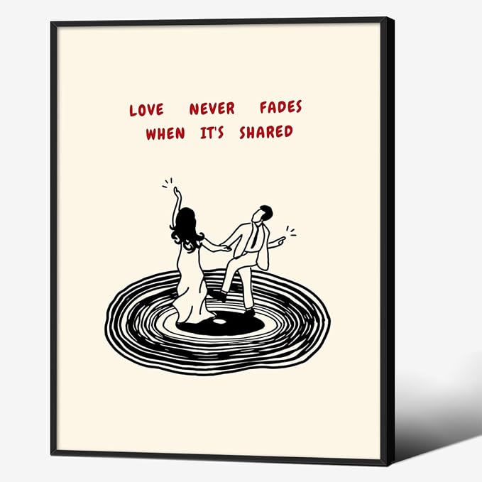Romantic Valentines Day Couple Dance Wall Art Modern Love Quotes Poster Minimalist Vinyl Record Canvas Prints for Living Room Bedroom Home Wall Decor 08x10 inch Aluminum Framed