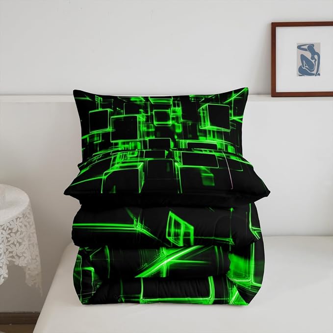 Erosebridal Fluorescent Green and Black Kids Comforter Set, Modern Geometric Square Bedding for Boys Girls Gradient Neon Light Honeycomb Duvet Set Twin 2 Pieces