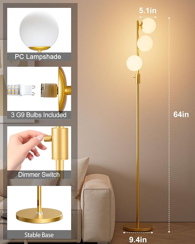 Lightdot 64IN Dimmable Globe Floor Lamp, Gold Standing Lamps with 3pcs 3000K G9 Bulbs Included Soft Warm White Eye Care, Mid Century Floor Lamp for Living Room/Sofa Beside/Corner Decor