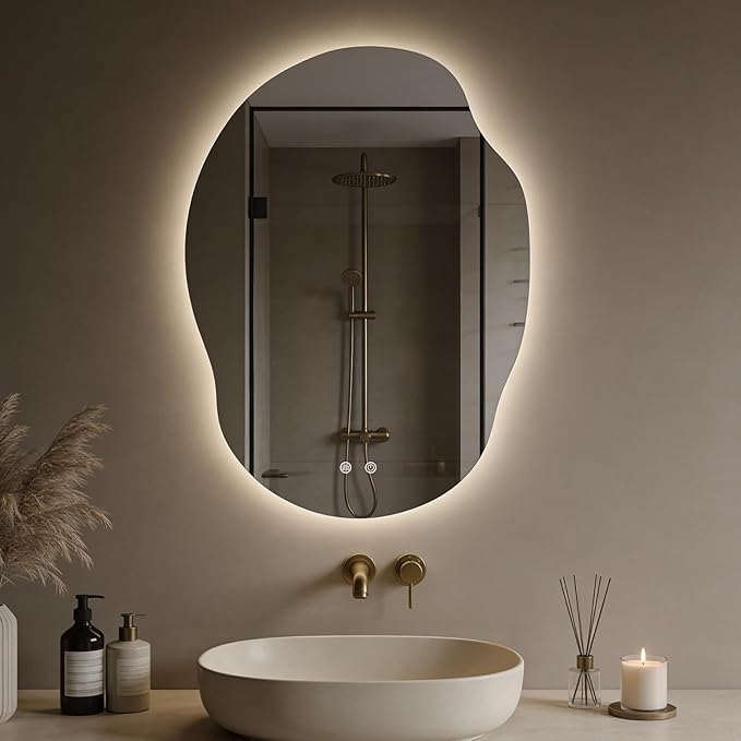LED Bathroom Mirror with Lights, Asymmetrical Irregular Backlit Vanity Mirror, 35" H x 25" W, Anti-Fog, Dimmable 3 Color Temperature, Memory Function, Hardwired Wall Mounted, Horizontal or Vertical