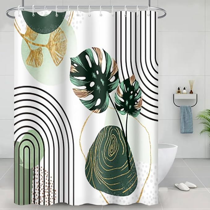 Mid Century Boho Shower Curtain Green Palm Gold Ginkgo Leaf Abstract Arch Decorative Bath Curtain 72x78 Inch Polyester Fabric Waterproof Aesthetics Bathroom Curtain with Hooks