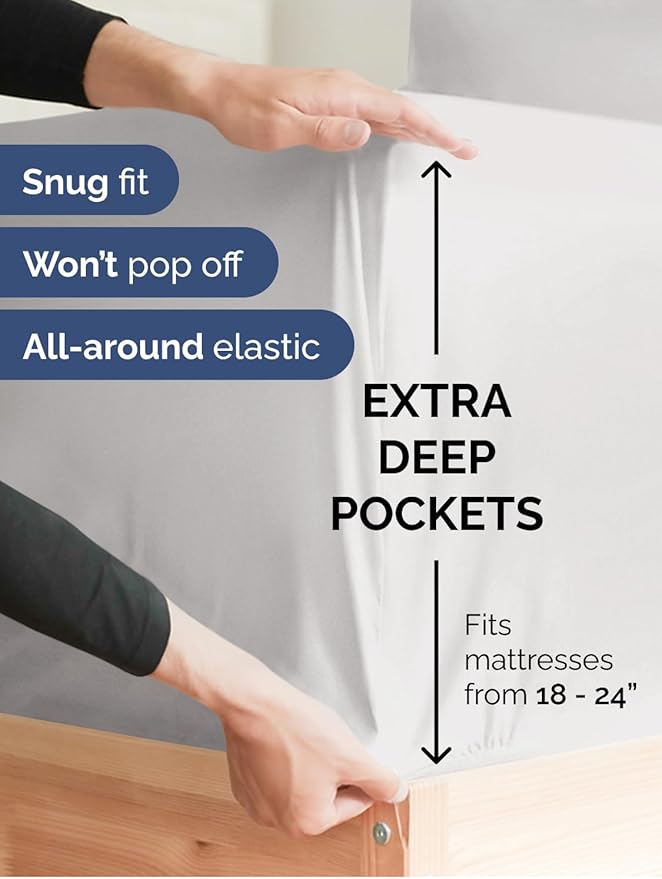 Extra Deep Split King Sheet Set - 7 Piece Breathable and Cooling Sheets - Hotel Luxury Bedding for Women, Men, Kids & Teens - Easy Secure Fit - Soft & Wrinkle Free - Extra Deep Pockets - French Grey