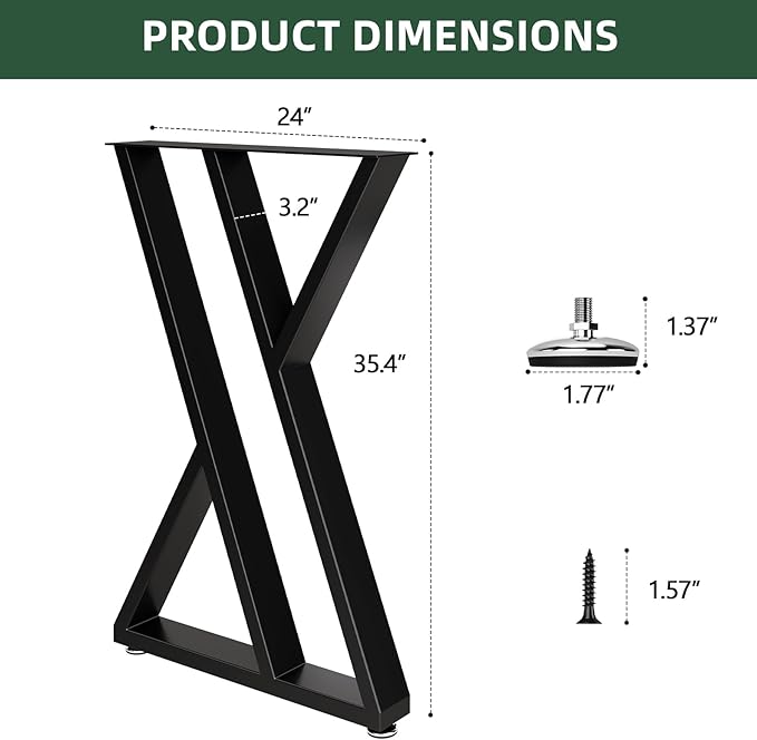 Height Table Legs 35" H x 24" W Furniture Desk Bench Dining Table Base Counter Outdoor Heavy Duty Desk Legs with Adjustable Feet Z Shape Set of 2 Black