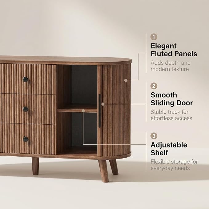 47.2" Mid-Century Modern Fluted Sideboard Buffet Cabinet with Tambour Sliding Doors, 3 Drawers & Adjustable Shelves, Walnut Storage Credenza Console for Living Room, Entryway (Walnut brown)