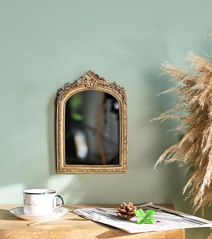 TenFuju 11” x 9.5” Small Gold Vintage Wall Mirror, Antique Gold Resin Baroque, Decorative Hanging & Tabletop