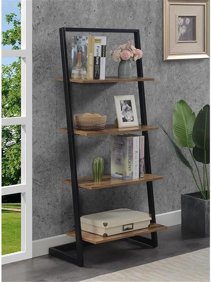 Pemberly Row Contemporary Ladder Bookshelf, Nutmeg Wood Finish, Particleboard and Metal, 4 Tiers, 25.25 x 18 x 57 in, Urban Style Display and Storage Unit for Living Room or Home Office