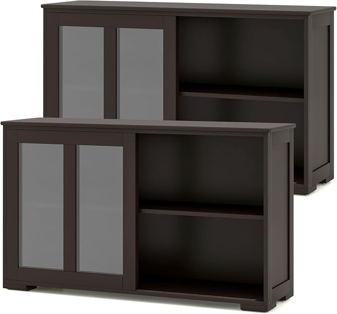 Byroce Sideboard Buffet Cabinet, Stackable Storage Coffee Bar Cabinet with Adjustable Shelf & Glass Sliding Doors, Wood Cupboard Credenza Console Table for Kitchen Dining Living Room (2, Coffee)