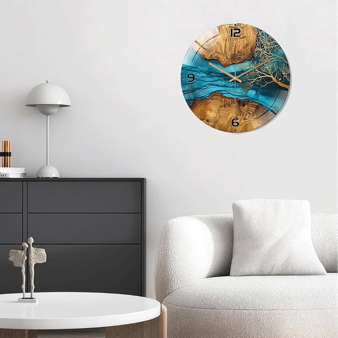 16 Inch Blue River Glass Wall Clock Silent Modern Art Decor | Silent glossy resin and wood-style wall clock perfectly tracks time, adding modern art to your living room