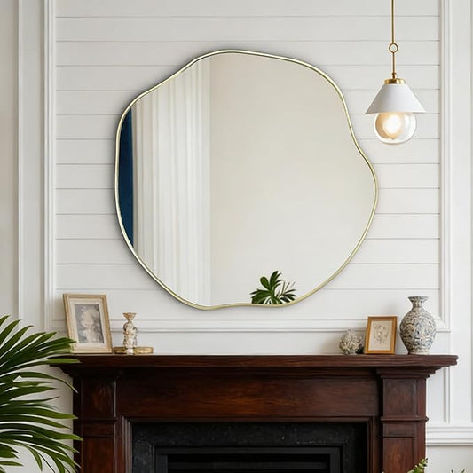 POZINO Gold Irregular Mirror, Large Asymmetrical Wall Mirror, 30" Scalloped Rounded Mirrors, Modern Frameless Abstract Mirrors for Living Room Bedroom Bathroom Entryway Hallway Fireplace