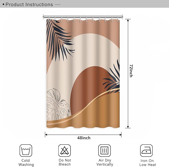 Abstract Mid Century Boho Bathroom Shower Curtain - Orange Sun Eucalyptus Leaves Shower Curtain with Hooks - Waterproof Polyester Fabric - 48x72 Inch