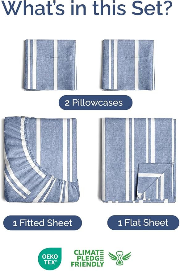Extra Deep Twin Sheet Set - 4 Piece Breathable and Cooling Sheets - Hotel Luxury Bedding for Women, Men, Kids & Teens - Easy & Secure Fit - Soft and Wrinkle Free - Extra Deep Pockets - Blue Stripes