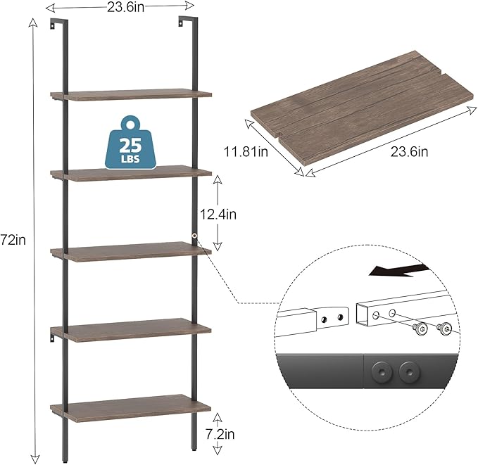 aboxoo Ladder Shelf 2PCS Open Bookshelf 5-Tier Wall-Mounted Wood Bookcase Rack Open Back Industrial Modern Plant Flower Stand Utility OrganizerMetal Frame Furniture Office Kitchen Bedroom (Brown)