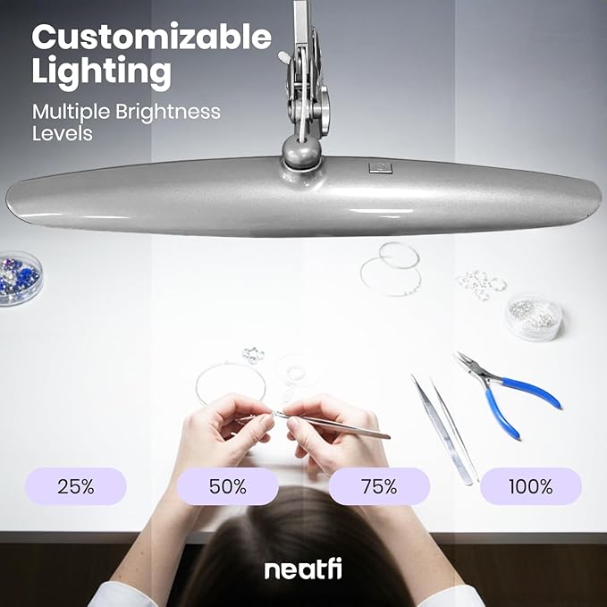 Neatfi XL Nail Desk Lamp with Clamp, 2200 Lumens, 20-Inch Wide Head, Dimmable 4 Levels, 6500K, LED Task Light for Manicure Table, Crafts, Workbench, Office (Non-CCT, Silver)