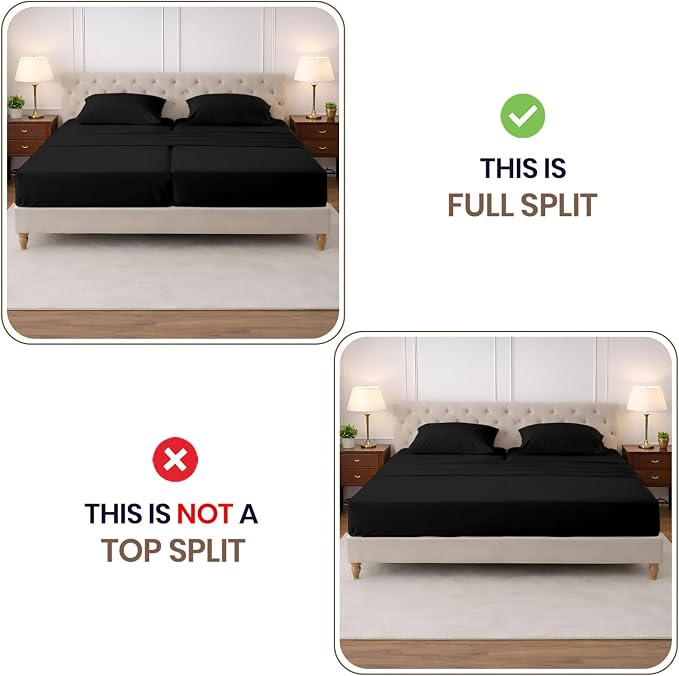 SGI Split King Sheet Set for Adjustable Bed Egyptian Premium Cotton 600 Thread Count Sheets for Sleep Number Bed 15" Deep Pocket 5 Pc Set with 2 Twin XL Fitted Sheets Soft Breathable -Black
