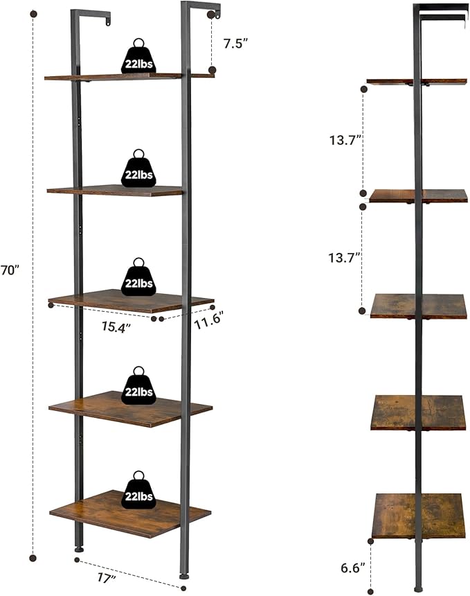 ELYKEN Ladder Shelf, 5-Tier Wood Wall Mounted Bookshelf with Metal Frame, Vintage Open Display Organizer Rack, Leaning Storage Shelves for Living Room, Bedroom, Home Office, Rustic Brown