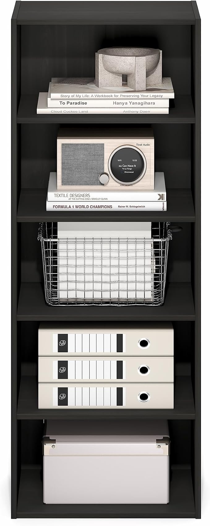 Furinno Basic Book Shelf, 5-Tier Bookshelf, Storage Organizer Bookcase with Open Shelf, 11 x 17 x 44, for Living Room, Bedroom, Home Office, Espresso