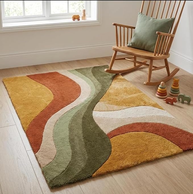 Retro Wave Area Rug, Multicolor Abstract Curved Stripes, Mustard Yellow Rust Orange Olive Green Cream, Modern Bohemian Style (10 * 16 feet)