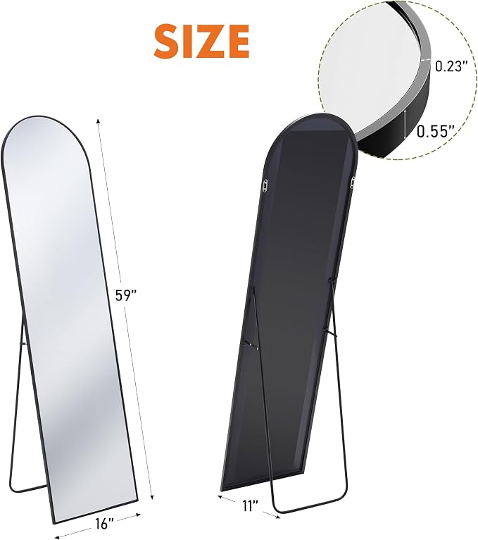 OLIXIS Arched Full Length Mirror 59"x16.3" for Bedroom, Full Body Mirror with Stand, Hanging or Leaning for Wall, Aluminum Alloy Thin Frame Floor Standing for Living Room, Long, Black