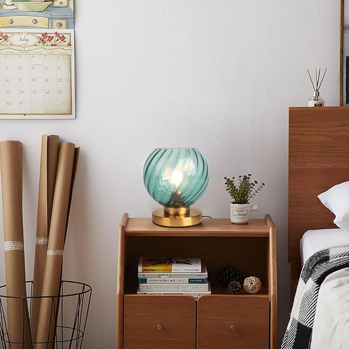 Mid Century Table Lamp, Globe Desk Lamp with Blue Handblown Glass Shade, Gold Metal Nightstand Night Light for Room Home Office Desk Dorm Studyroom (Blue)