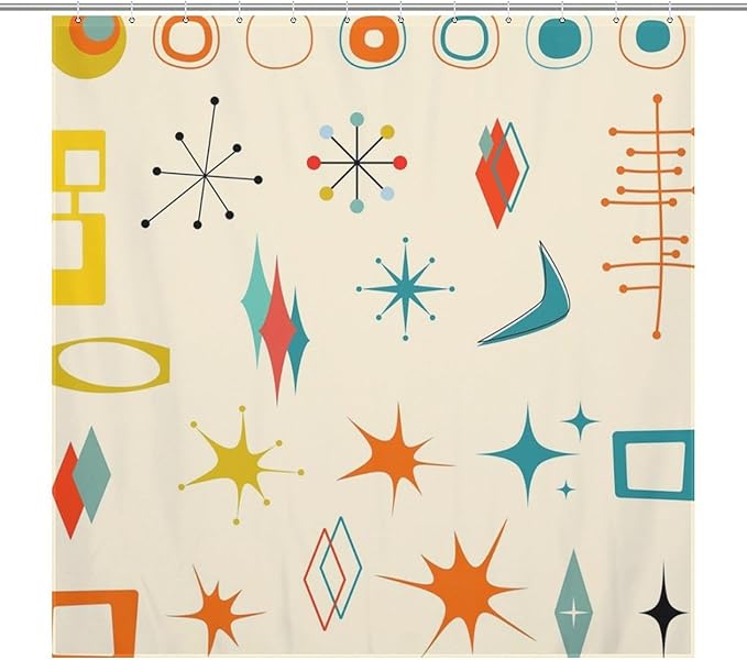 Mid Century Modern Shower Curtain,Vintage Iconic Atomic Modern Retro Space Abstract Geometric Fabric Bathroom Decor Curtains with Hooks 72x72in（183x183cm）